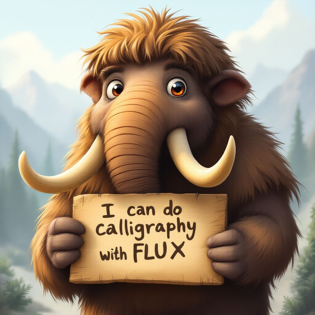 My prompt : A cute cartoonish mammoth holding a sign that says "I can do calligraphy with FLUX"