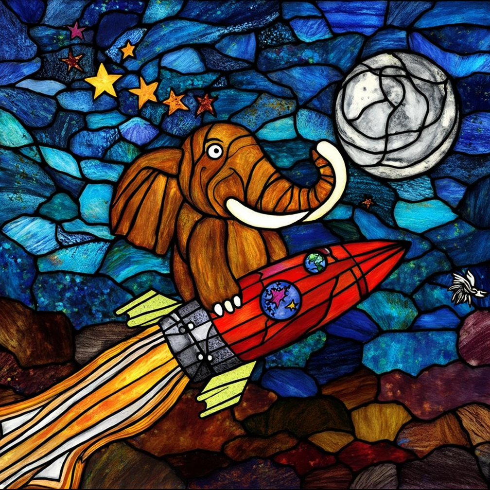 Stained glass style, Mammoth on a rocket to the moon