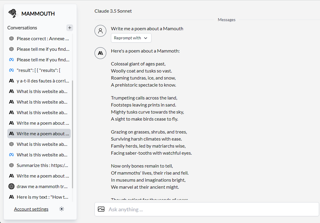 Conversation interface of Mammouth