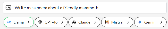 Prompting interface of Mammouth with access to best LLM versions from GPT, Claude, Mistral, Llama and Gemini