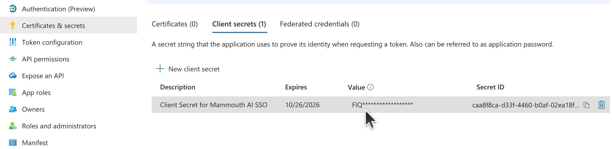 Client secret value