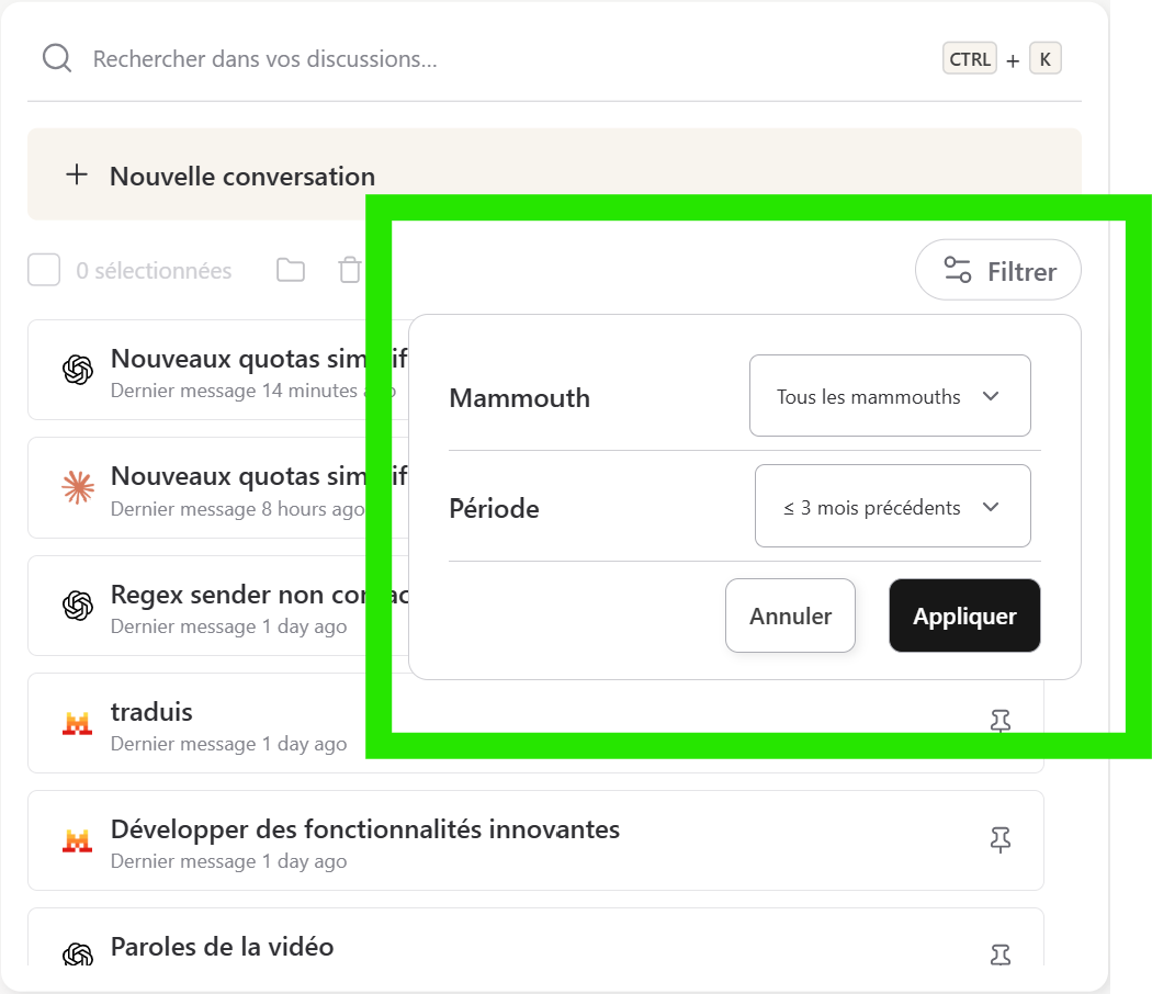 filtres de conversations