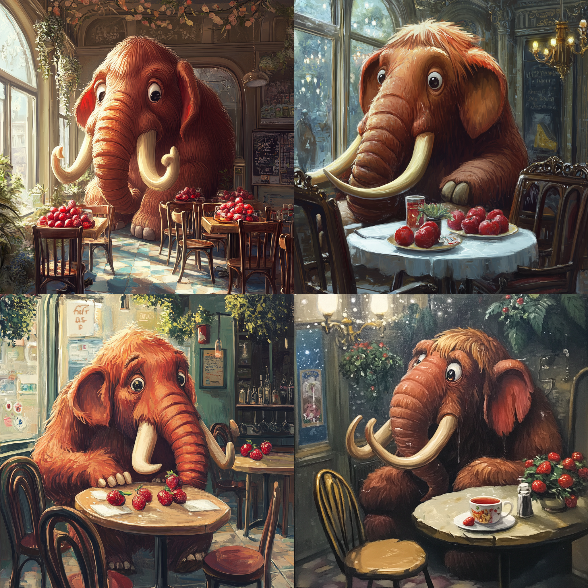 Mammoth in cafe with strawberry reference