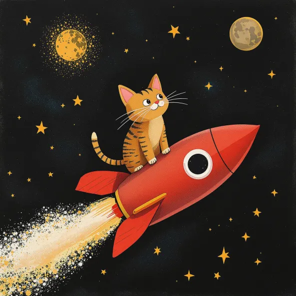 A cat on a rocket to the moon